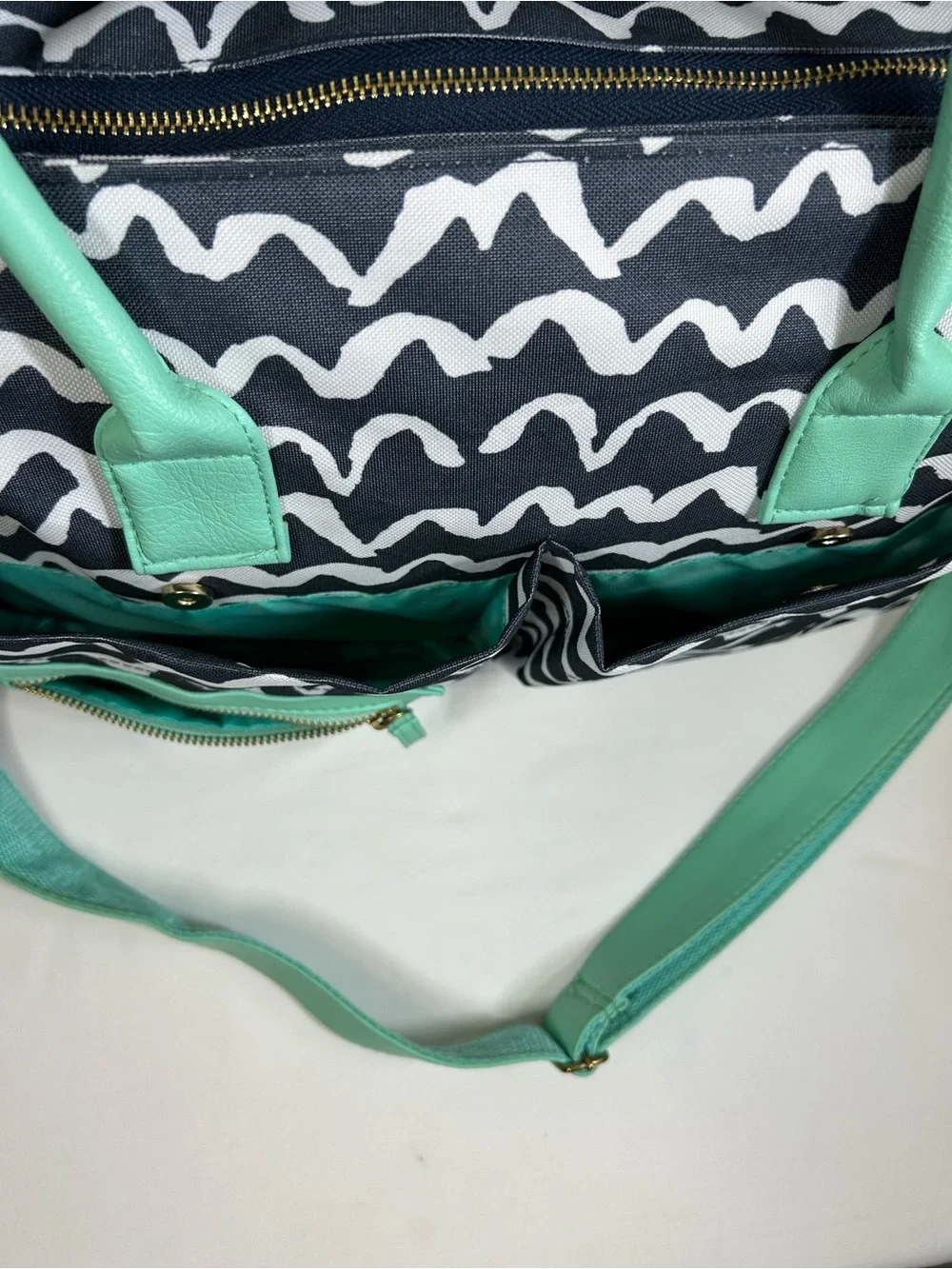 Teal Navy Wave Pattern Multi Pockets Complete Diaper Stroller Strap Tote Bag